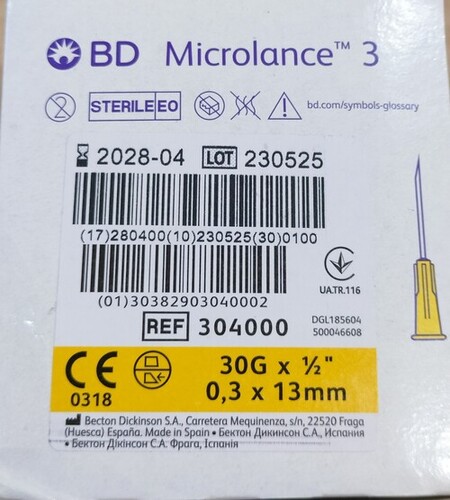 BD Microlance 3 Needles 30G - Steel, 30G X 0.5IN (0.3mm X 13mm) , Silver Color, Manual Use for Hospital and Lab Applications