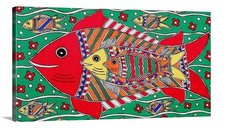 Madhubani Fish Painting - 20x14 Inch Water Color Artwork With Wooden Brown Frame | Traditional Canvas On Wood Support