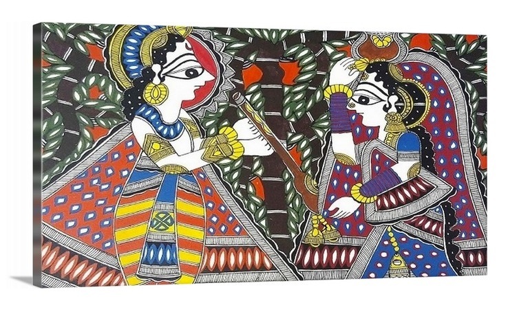 Madhubani Painting - Water Color On Canvas, 20x14 Inch With Wooden Brown Frame | Traditional Indian Artwork