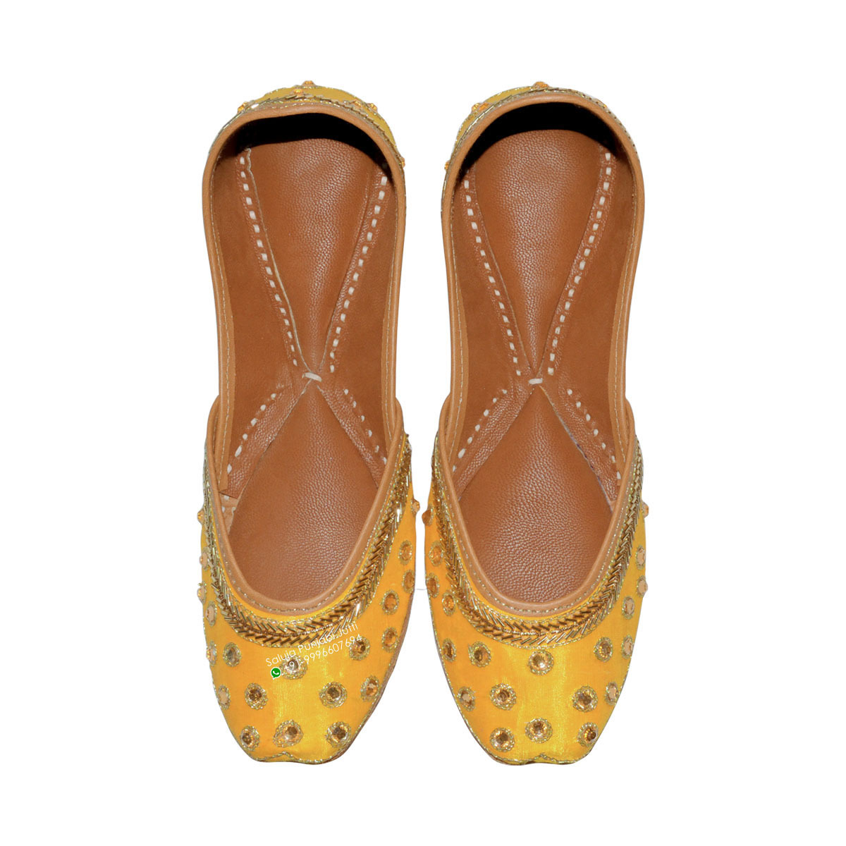 Yellow Kundan Embroidered Punjabi Jutti Heel Size: Flat