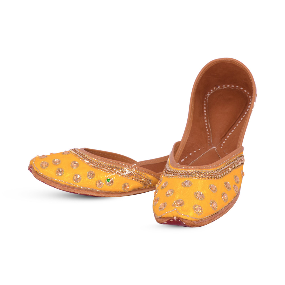Yellow Kundan Embroidered Punjabi Jutti Heel Size: Flat