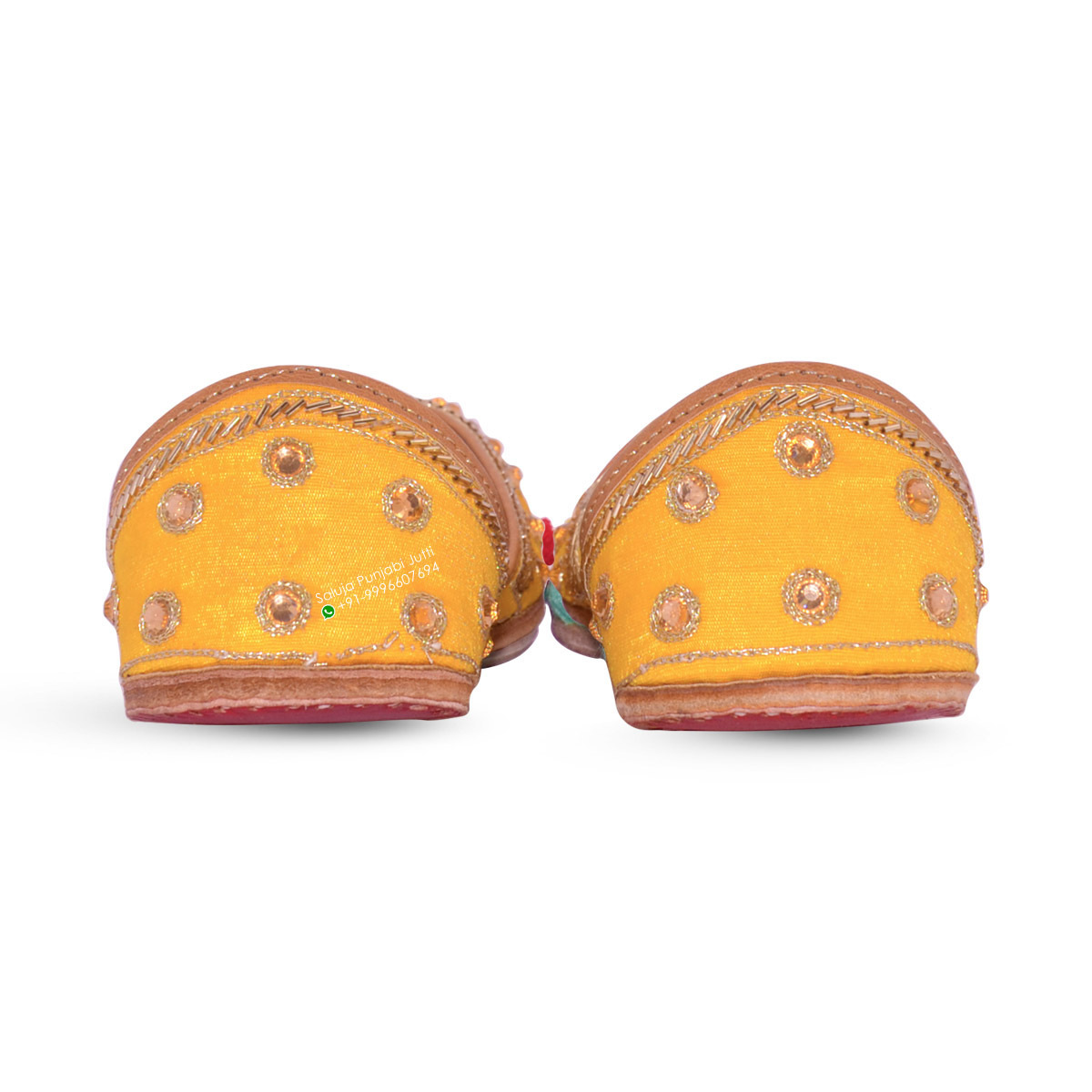 Yellow Kundan Embroidered Punjabi Jutti Heel Size: Flat