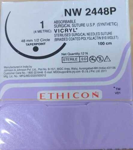 Ethicon Synthetic Absorbable Coated Vicryl Suture - 50mm Heavy Round Body Needle, Violet Braided 100cm Length | Pack of 12, Non-Woven Type, Disposable, Ethicon Absorbable