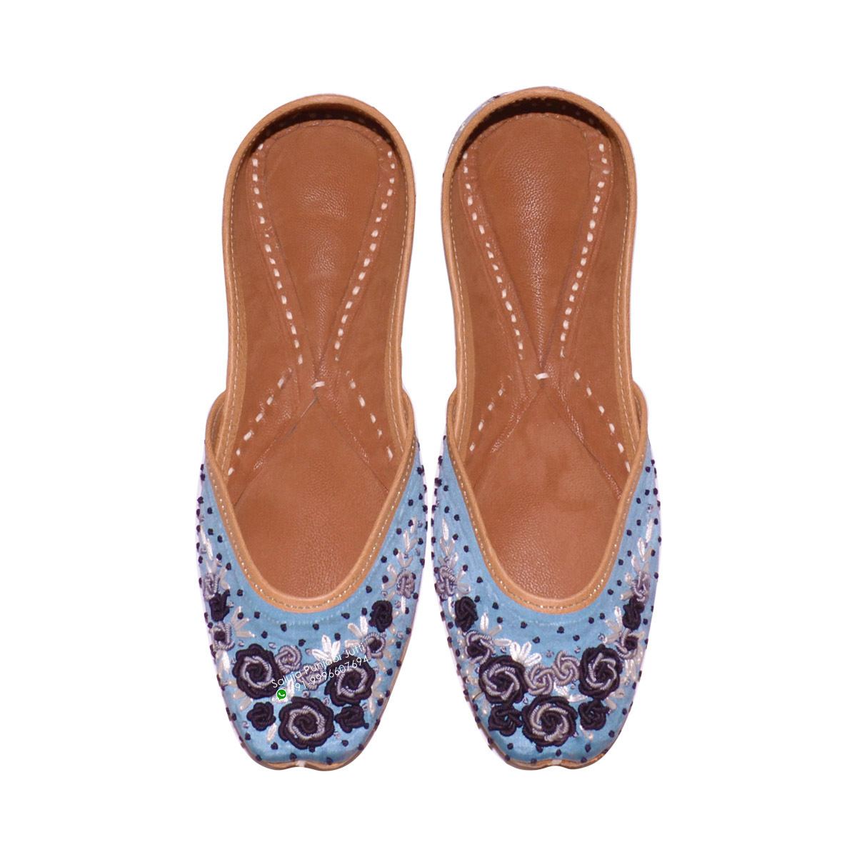 Women Leather Sky Blue Punjabi Jutti With Handwork Heel Size: Flat