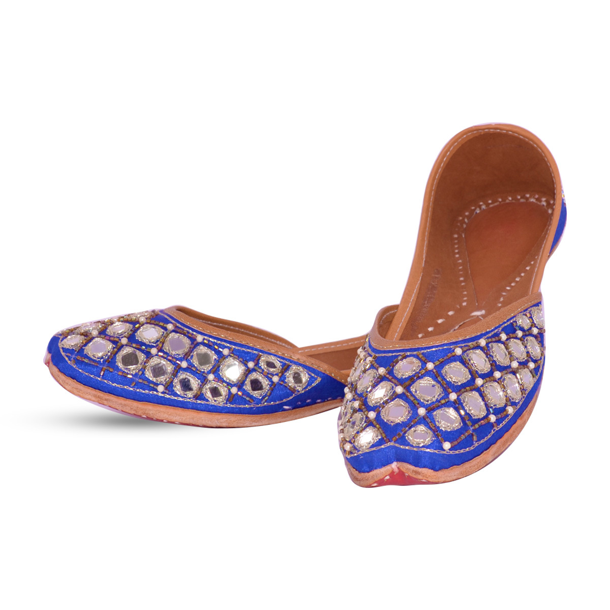 Blue Color Punjabi Jutti Mirror Work For Women Heel Size: Flat