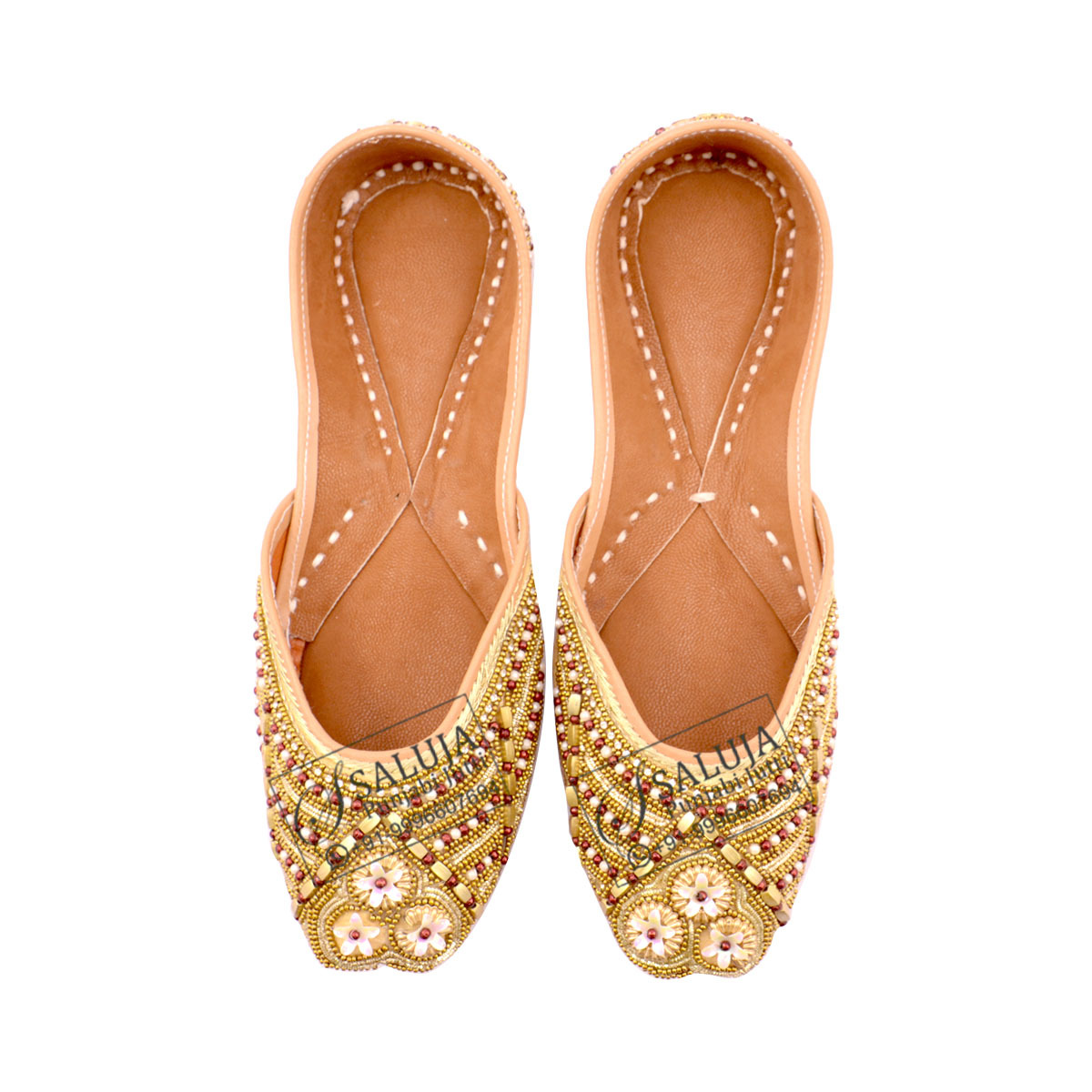 Peach Pure Leather Punjabi Jutti With Stone Work Heel Size: Flat