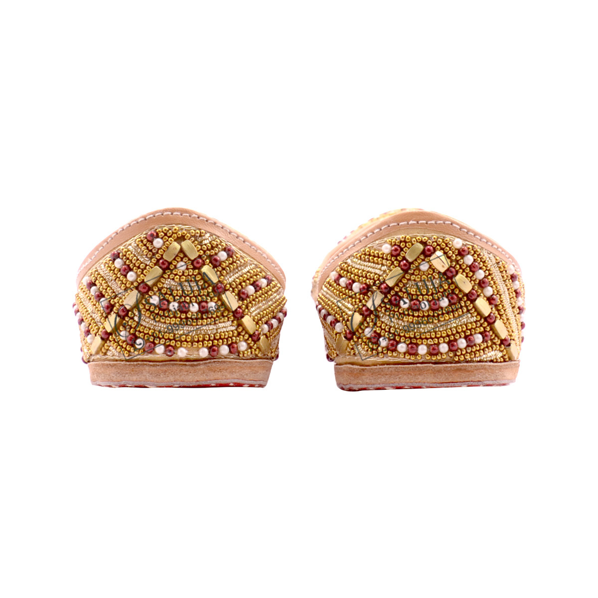 Peach Pure Leather Punjabi Jutti With Stone Work Heel Size: Flat