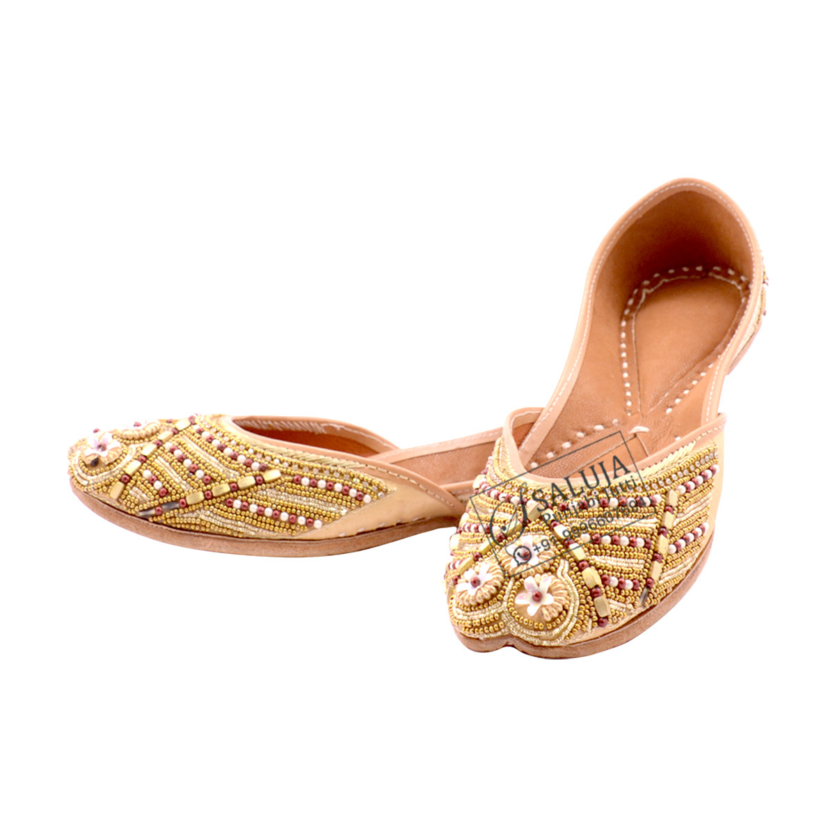 Peach Pure Leather Punjabi Jutti With Stone Work Heel Size: Flat