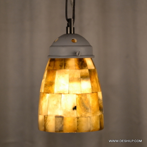 Antique Mosaic Glass Wall Hanging Lamp - Round 8x10 - 6x10 Inches, Handmade Yellow Finish With Polished Metal Fittings
