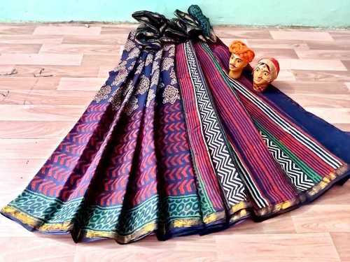 Hand Block Print Cotton Saree with Golden Border