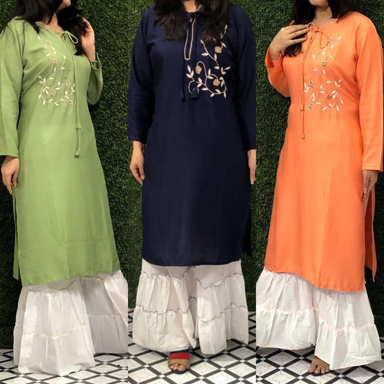 Kurti Sharara Set - Rayon Fabric, Free Size Up To 2xl | Embroidered Design, Trendy Style For All Seasons