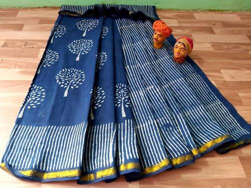 Cotton Malmal Block Print Saree With Gold Zari Bordar