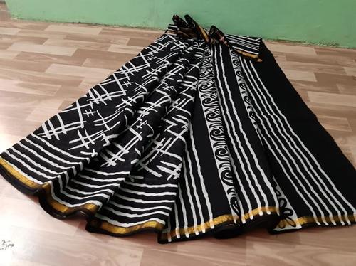 Cotton Malmal Hand Block Printed Saree With Gold Zari Bordar