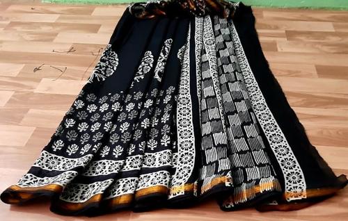 Hand Block Printed Cotton Malmal Saree With Gold Zari Bordar