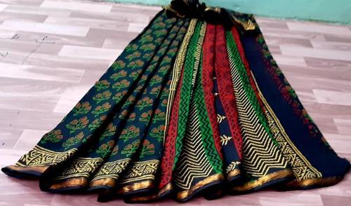Hand Block Print Cotton Malmal Saree With Gold Zari Bordar