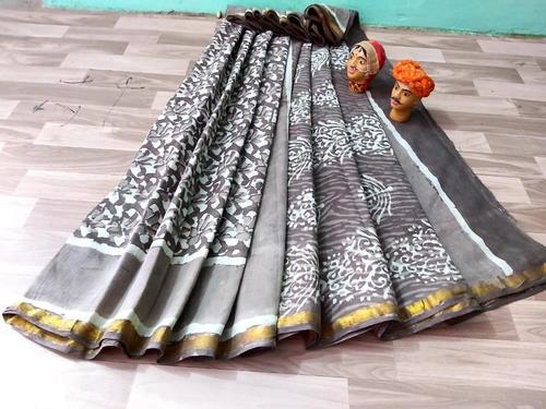 Cotton Malmal Block Print Grey Saree With Gold Zari Bordar