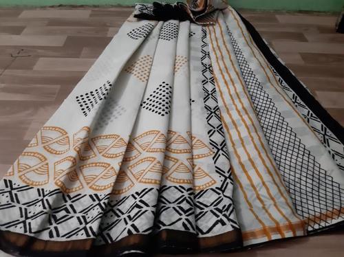 Offwhite Hand Block Print Cotton Malmal Saree