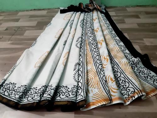 Black and White Hand Block Print Cotton Malmal Saree