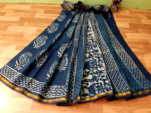 Blue Indigo Hand Block Print Cotton Malmal Saree