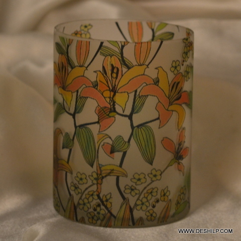 पॉलिशिंग प्रिंटेड ग्लास टी लाइट कैंडल होल्डर