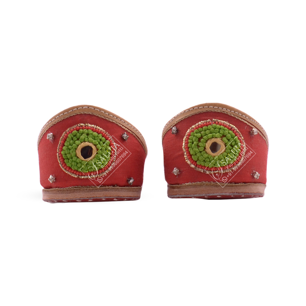 Designer Leather Punjabi Jutti - Customizable In Sizes 5-10.5 Usa, Red With Hand Work | Extra Padding, Comfortable Fit, All Season Wear