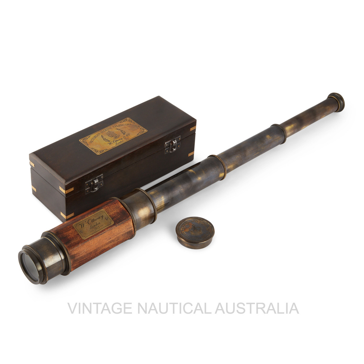 Telescope - Brass, Leather Bound, 400mm Length, Antique Brass Finish | Engraved Leather, Wooden Box, 8-10x Magnification