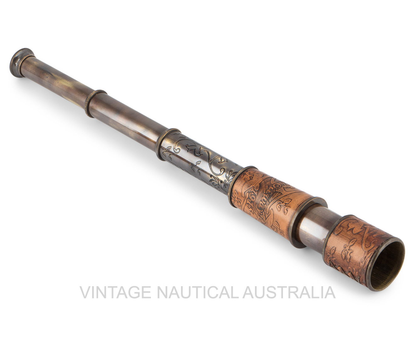 Telescope - Brass, Leather Bound, 400mm Length, Antique Brass Finish | Engraved Leather, Wooden Box, 8-10x Magnification