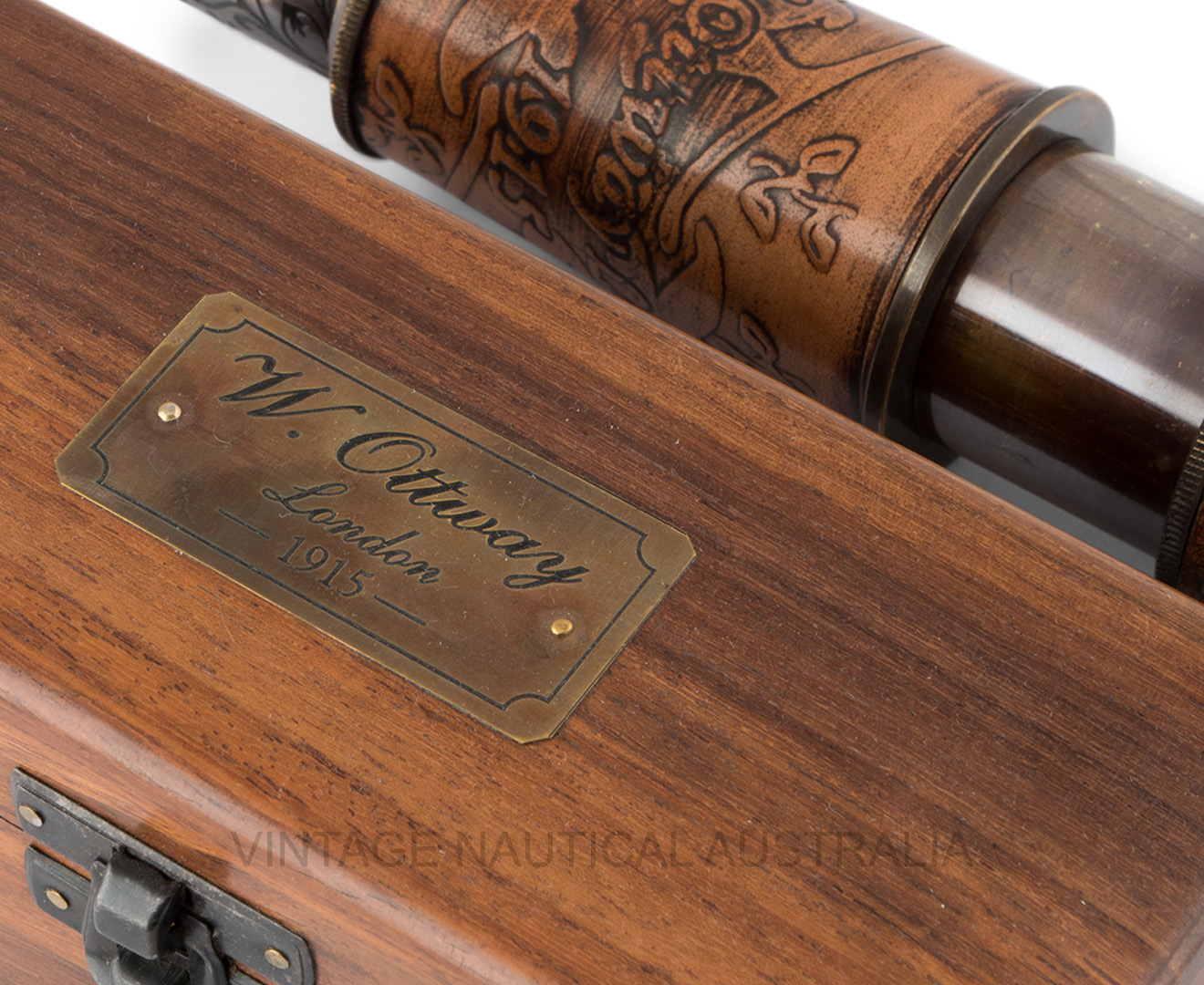 Telescope - Brass, Leather Bound, 400mm Length, Antique Brass Finish | Engraved Leather, Wooden Box, 8-10x Magnification