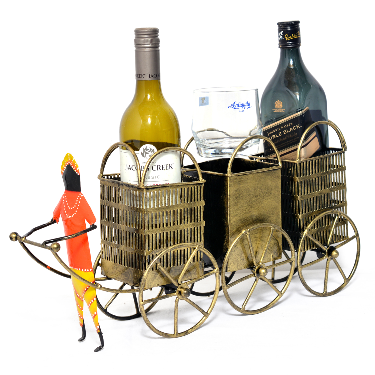 Iron Wine Bottle Stand - 47x12x24 Cm | Brass Color, Antique Imitation Style, Polished Finish, Ideal For Home And Outdoor Decoration, Perfect Business Gift