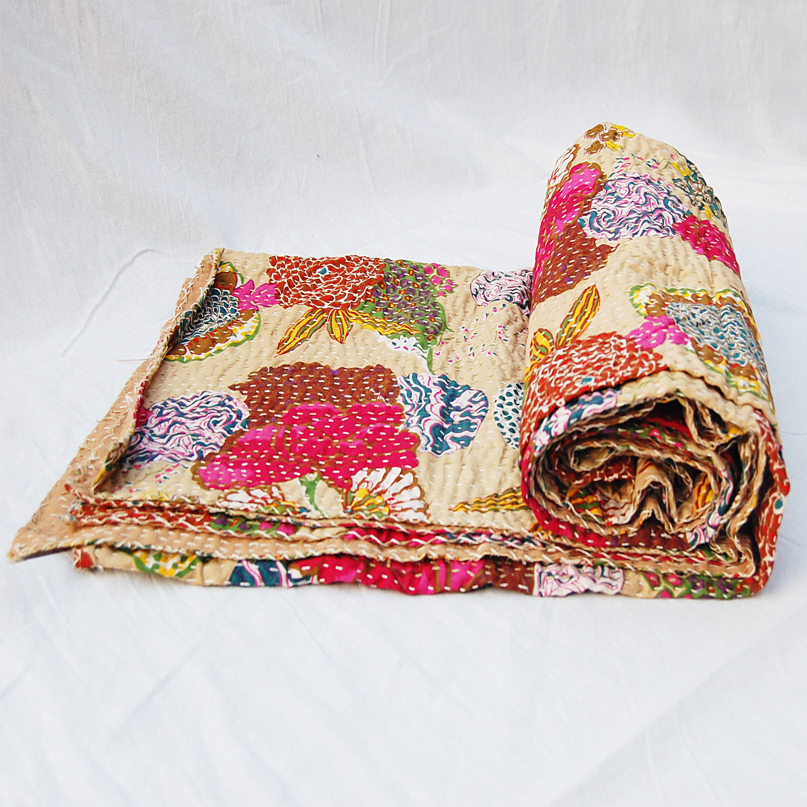 Kantha Bedspread - 100% Cotton, King Size 105 Inch | Hand Stitched Multicolor Fruit Print, Quick Dry Design, Lightweight 1.4kg