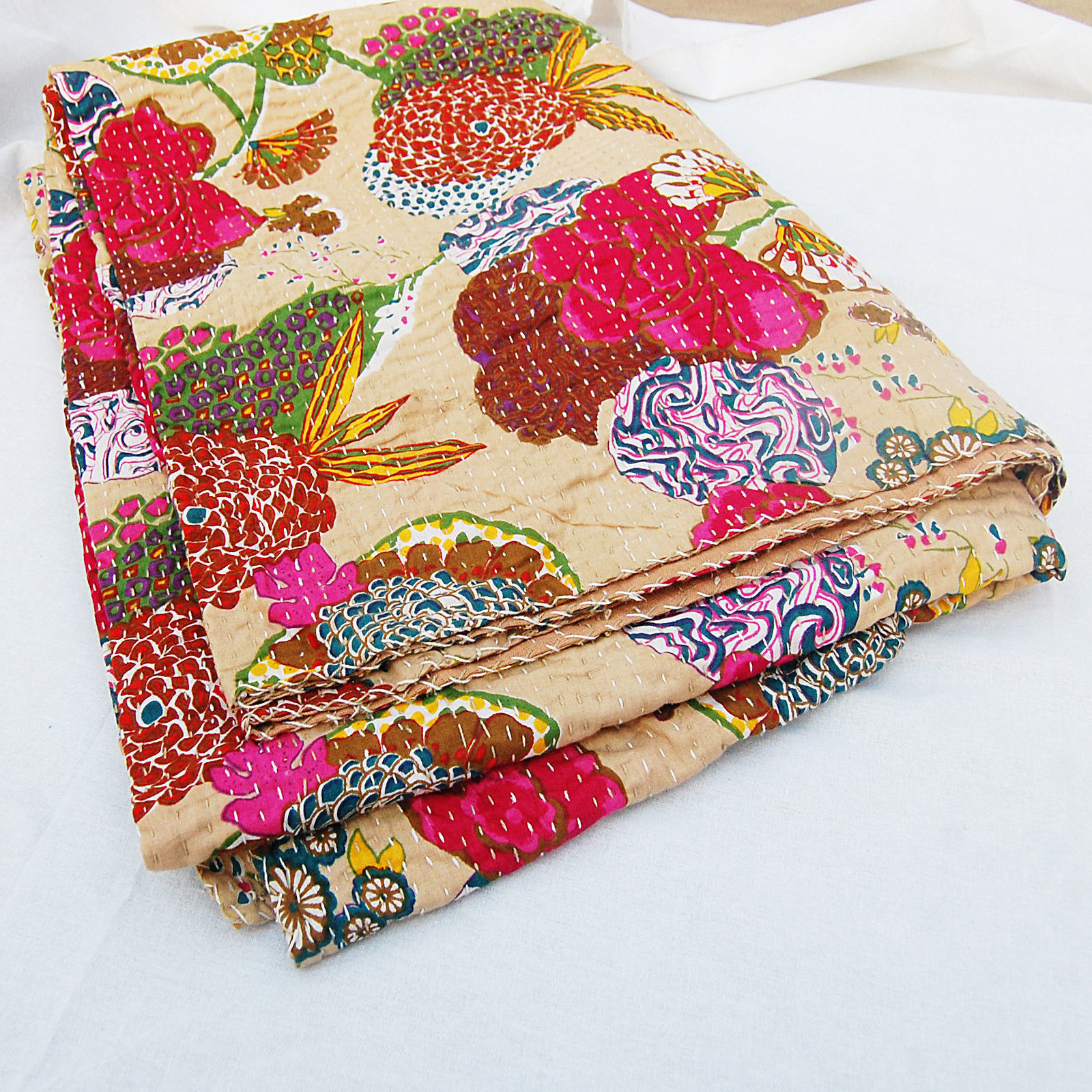 Kantha Bedspread - 100% Cotton, King Size 105 Inch | Hand Stitched Multicolor Fruit Print, Quick Dry Design, Lightweight 1.4kg