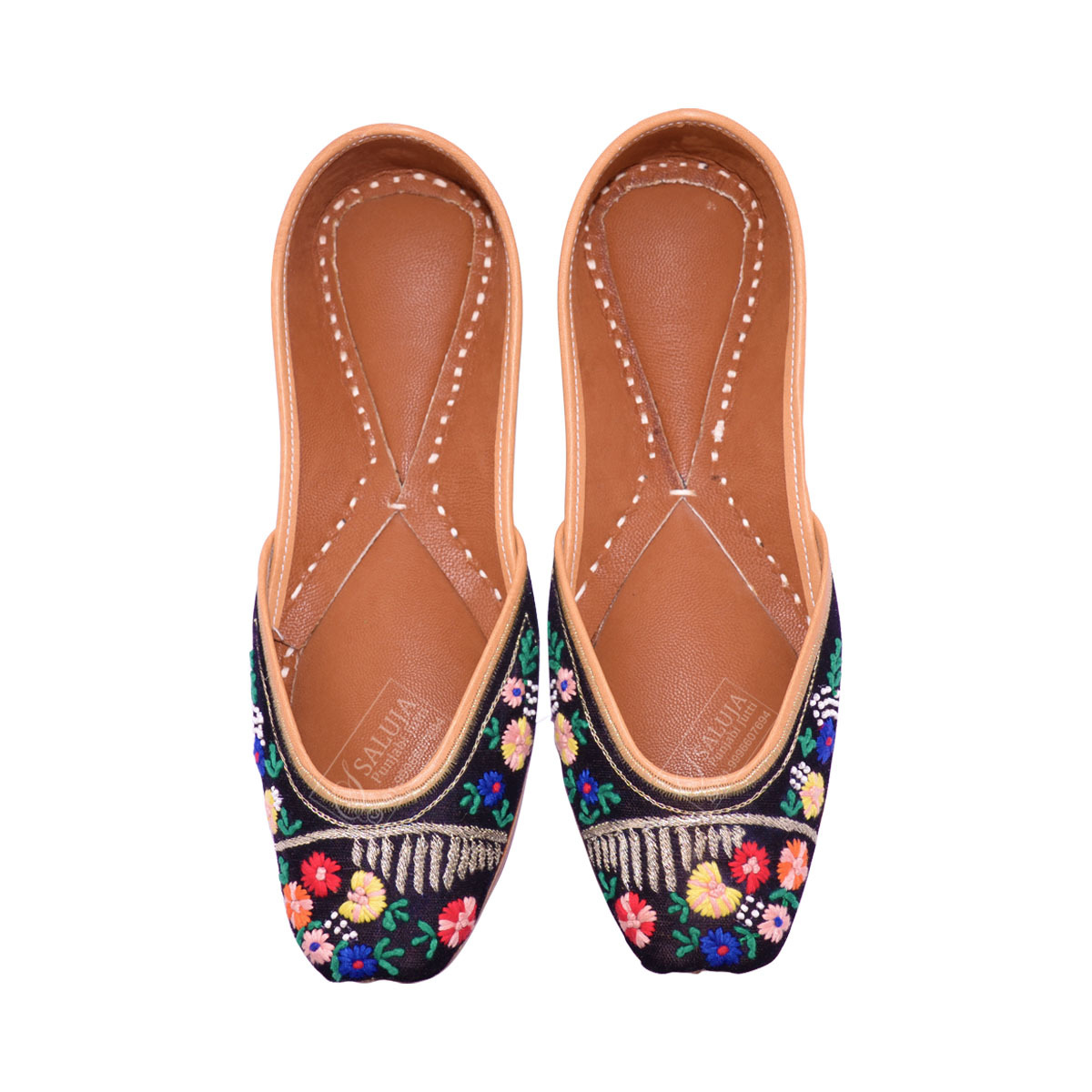 Black Color Punjabi Jutti With Multi Color Handwork For Ladies Heel Size: Flat