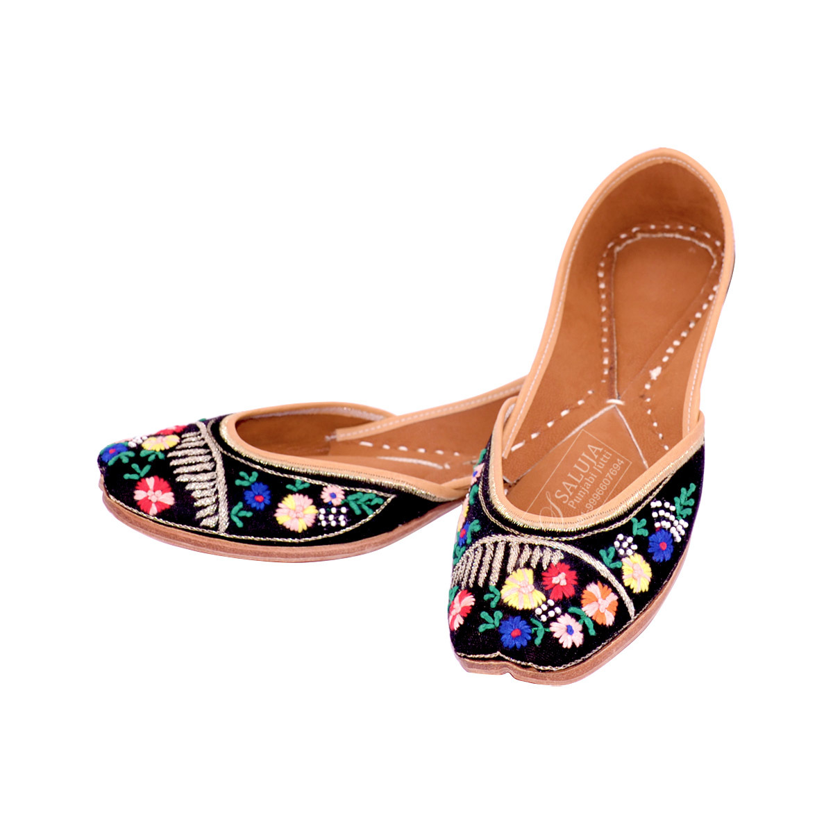 Black Color Punjabi Jutti With Multi Color Handwork For Ladies Heel Size: Flat