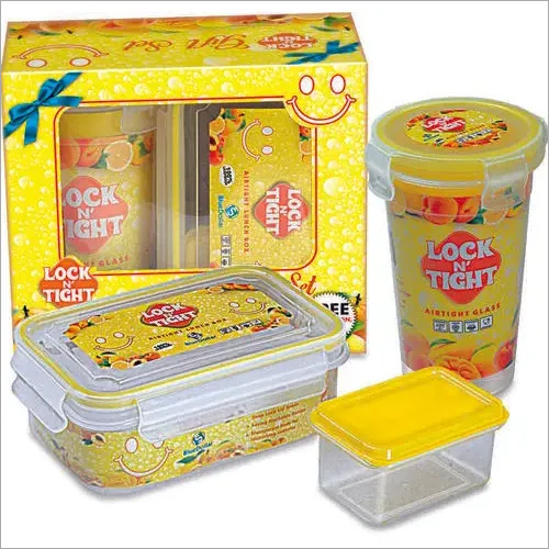 Lock N Tight Gift Set - Virgin Plastic, Rectangle Design, Multiple Colors (Pink, Blue, Yellow) | Airtight & Spill-Proof with 4-Sided Locking System