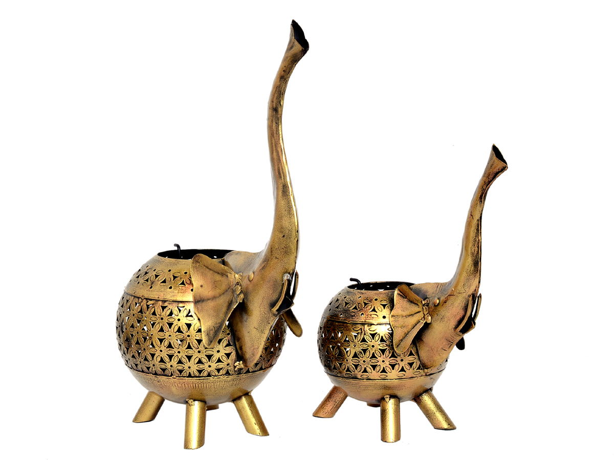 Iron Painted Elephant Design Home Decorative Tea Light Set - Finishing: Polishing