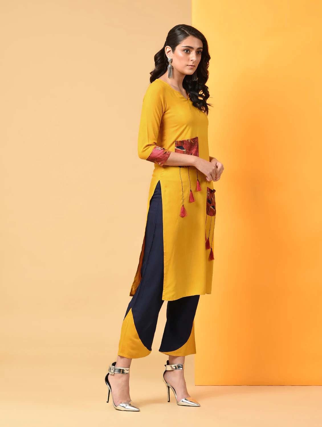 Cotton Kurti With Jacket - 42 Inch Length, Yellow, M Size, 3/4 Sleeve Style, Embroidered Design, Casual Ethnic Wear