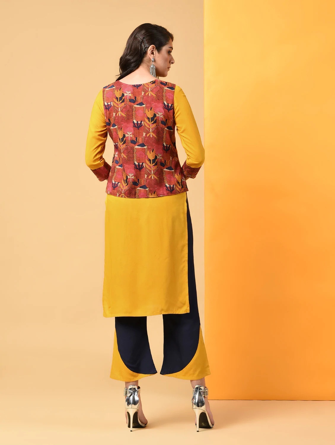Cotton Kurti With Jacket - 42 Inch Length, Yellow, M Size, 3/4 Sleeve Style, Embroidered Design, Casual Ethnic Wear