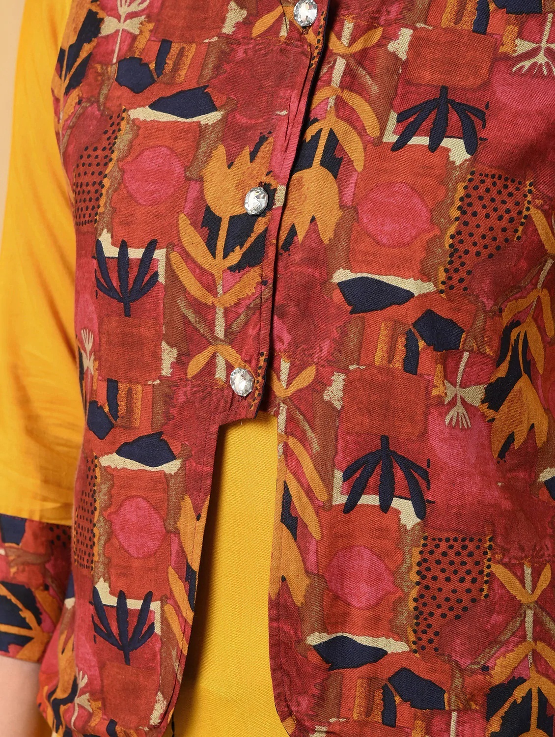 Cotton Kurti With Jacket - 42 Inch Length, Yellow, M Size, 3/4 Sleeve Style, Embroidered Design, Casual Ethnic Wear