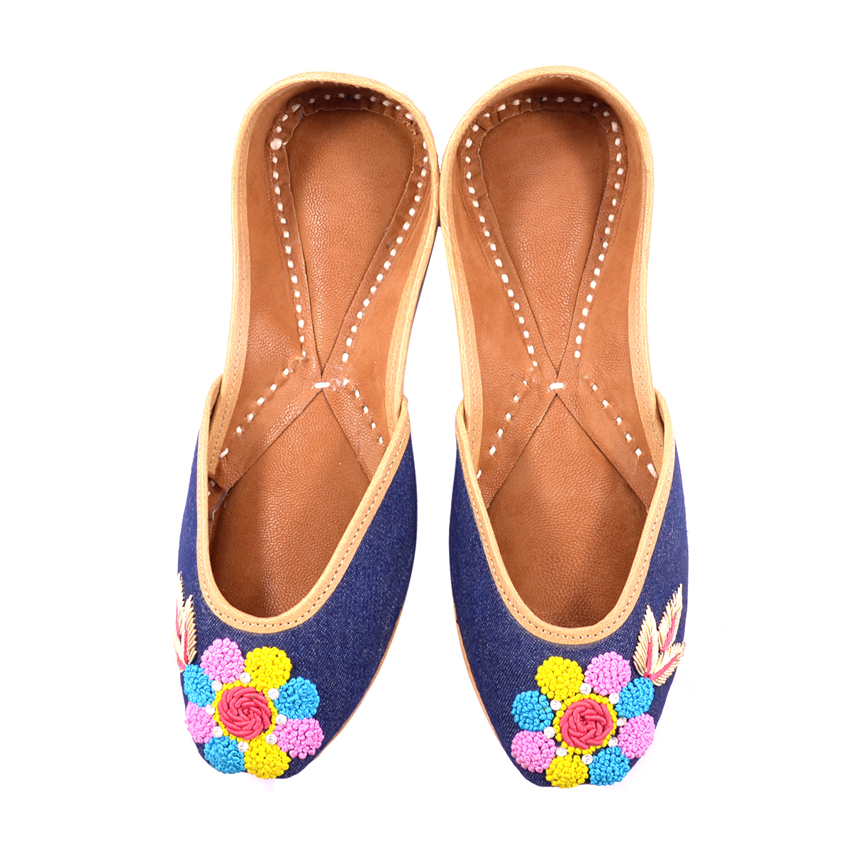 Punjabi Jutti Blue Color With Flower Work For Woman Heel Size: Flat