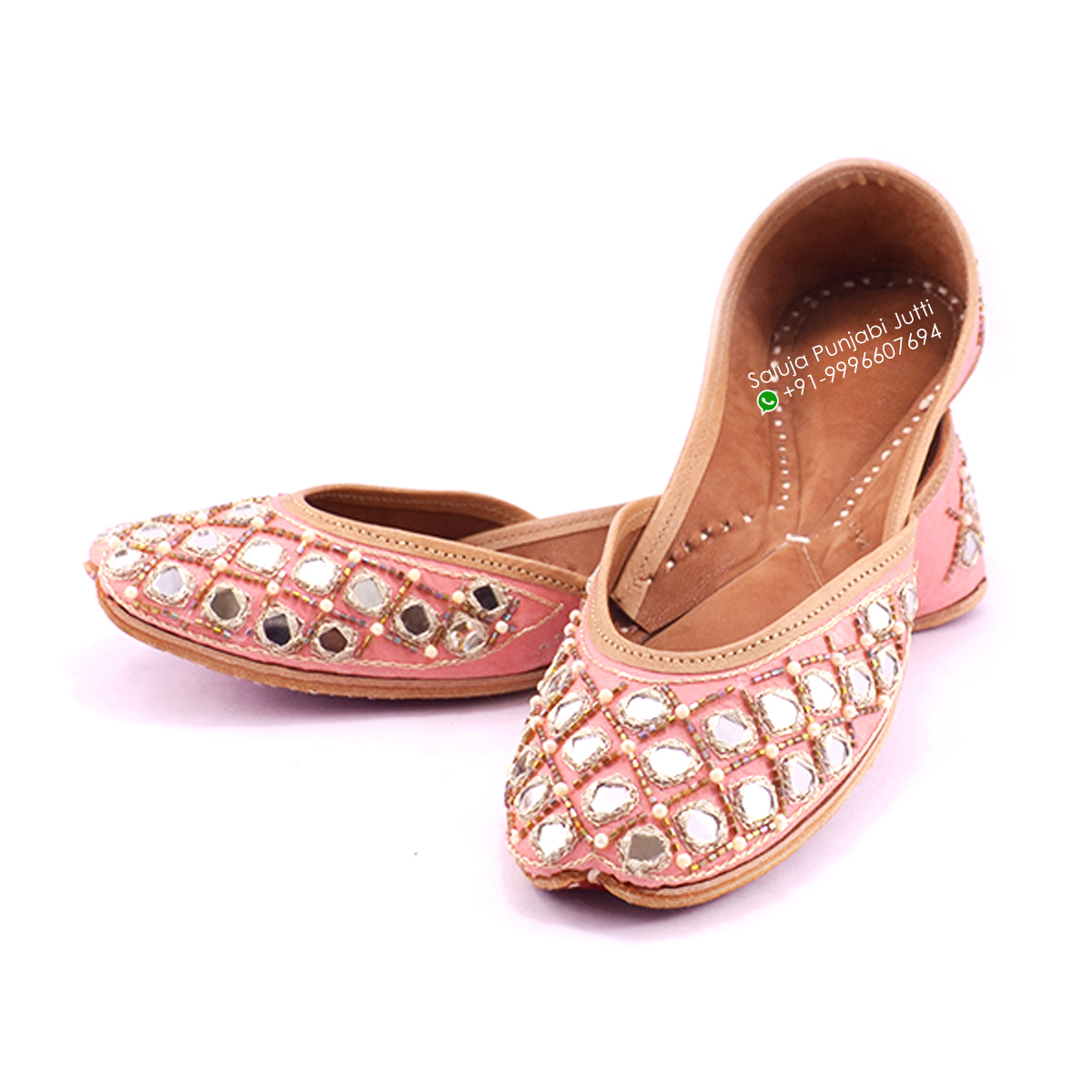 Peach Color Mirror Work Punjabi Jutti For Woman Heel Size: Flat