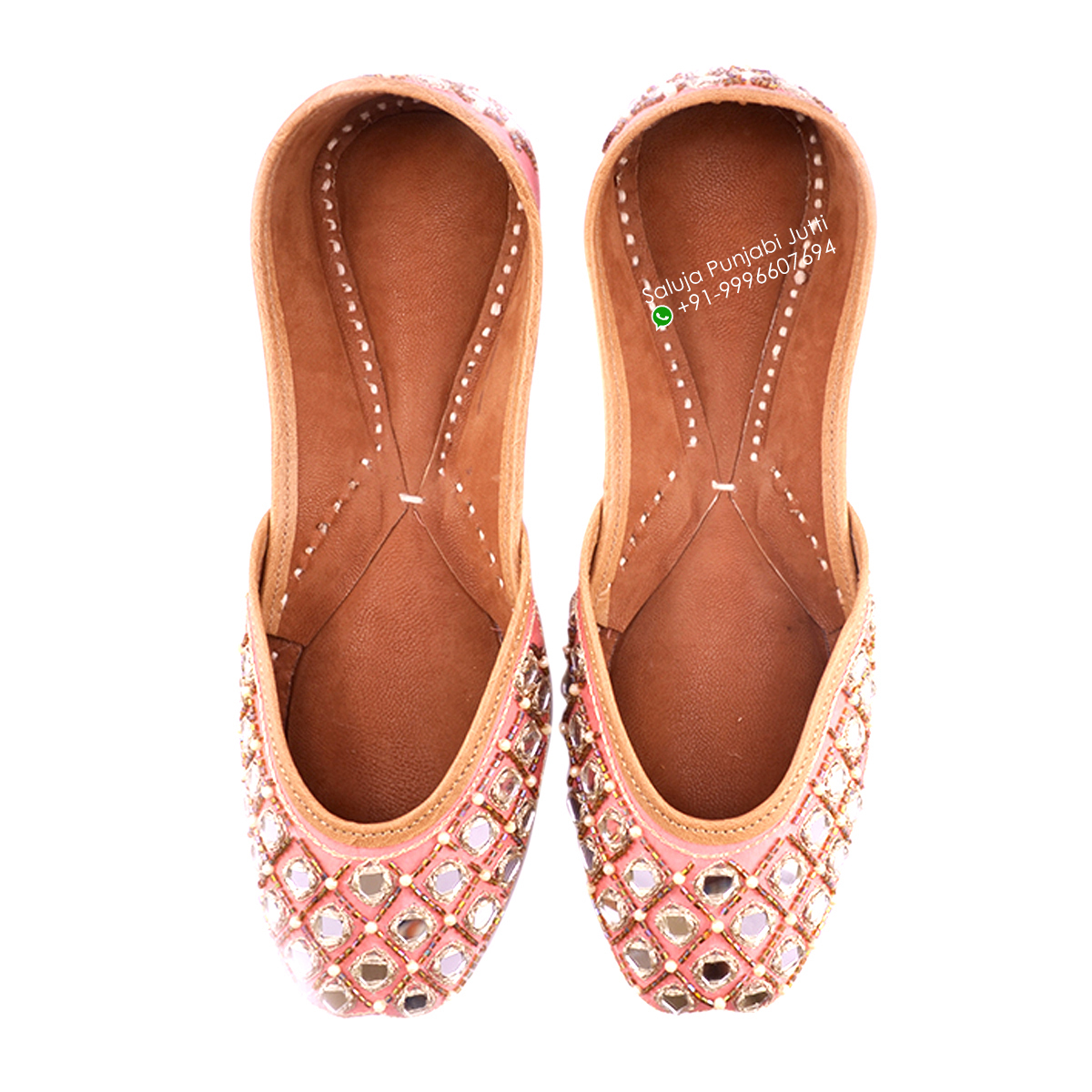 Peach Color Mirror Work Punjabi Jutti For Woman Heel Size: Flat