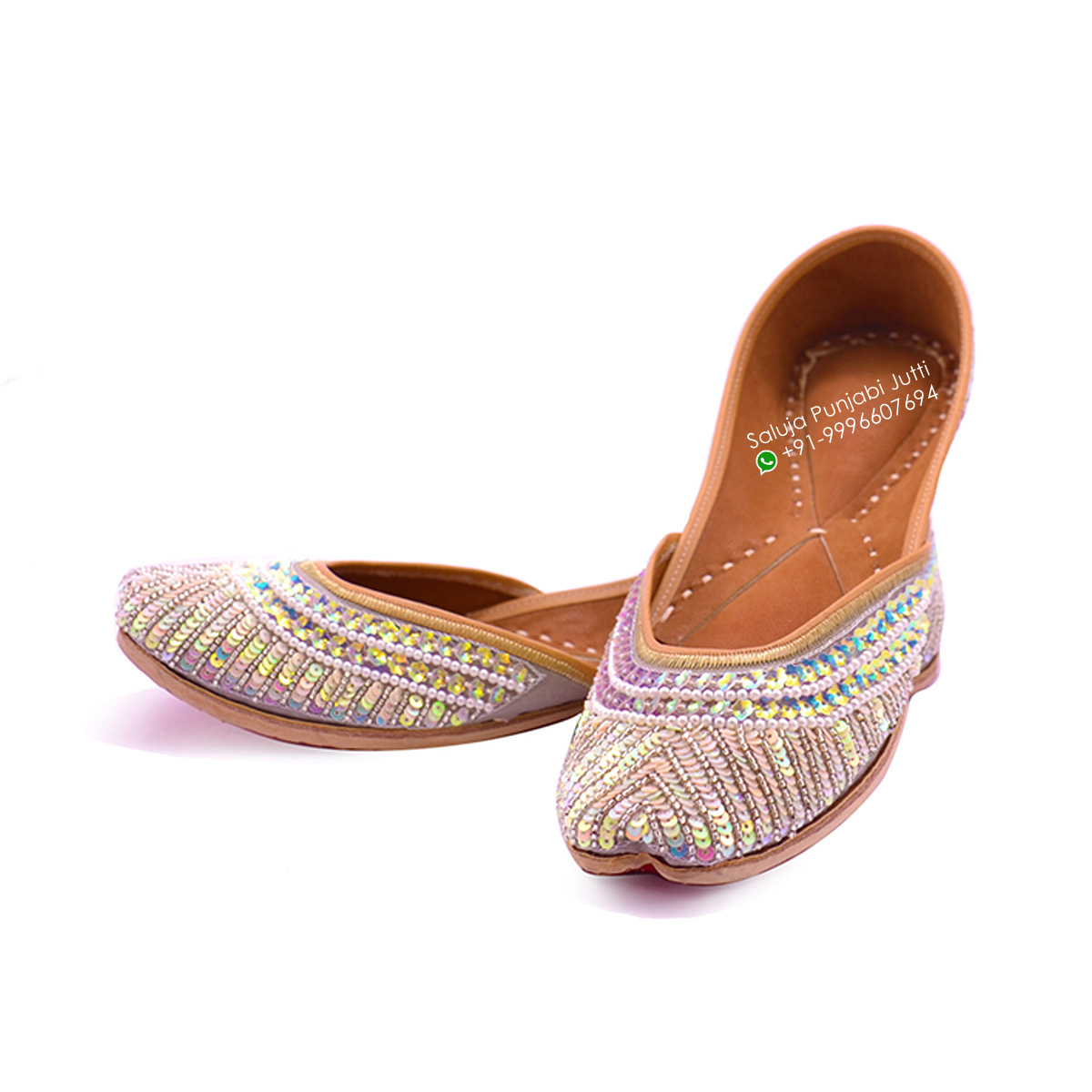 Grey Fancy Punjabi Jutti With Multi Color Sippi Work For Woman Heel Size: Flat