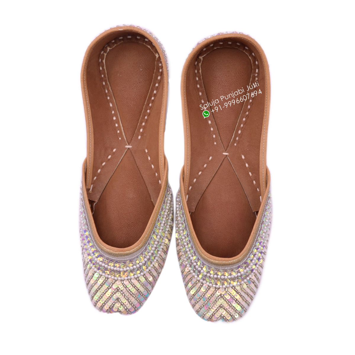 Grey Fancy Punjabi Jutti With Multi Color Sippi Work For Woman Heel Size: Flat