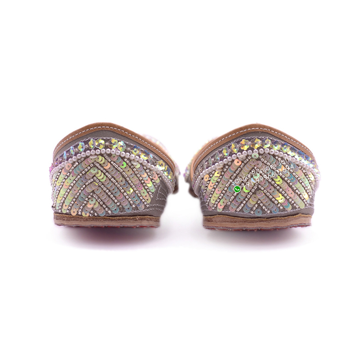 Grey Fancy Punjabi Jutti With Multi Color Sippi Work For Woman Heel Size: Flat