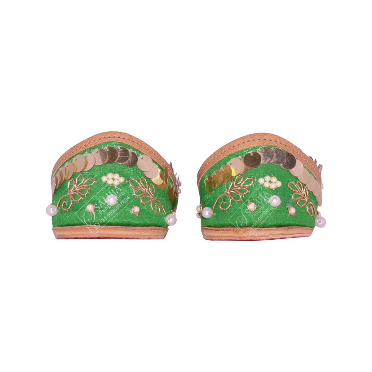 Designer Leather Punjabi Jutti - Flat Heel, 36-41 Size Range, Beautiful Green Color | Extra Padding For Comfort, Custom Sizes Available