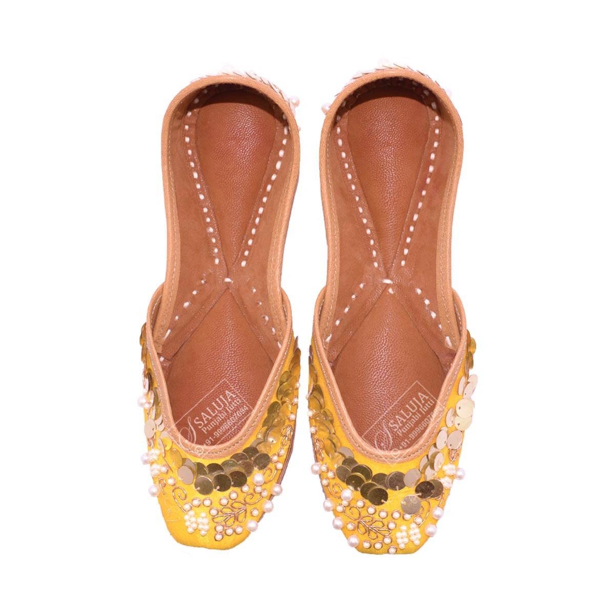 Designer Punjabi Jutti Yellow Color With Sikka Work Heel Size: Flat