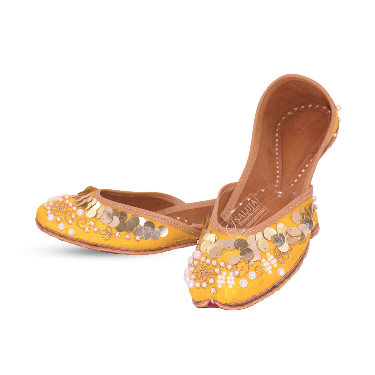 Designer Punjabi Jutti Yellow Color With Sikka Work Heel Size: Flat