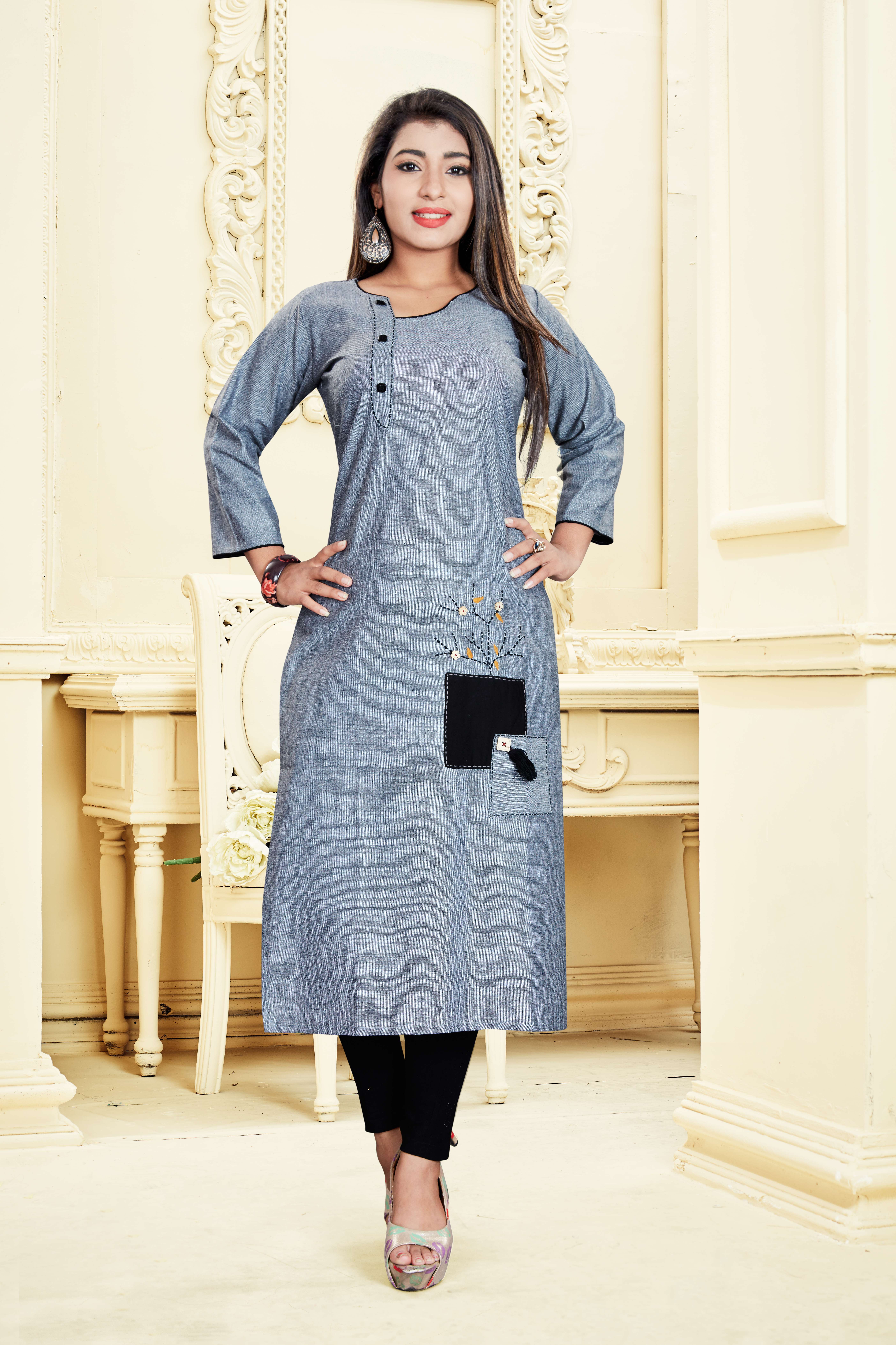 Grey Designer Hand-wrok Kurtis
