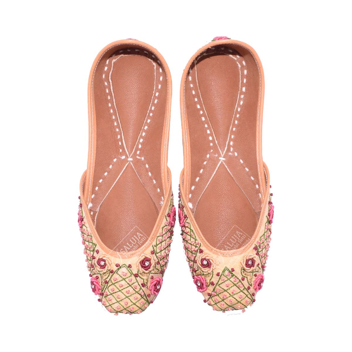 Punjabi Jutti Golden Color With Multi Color Handwork Heel Size: Flat