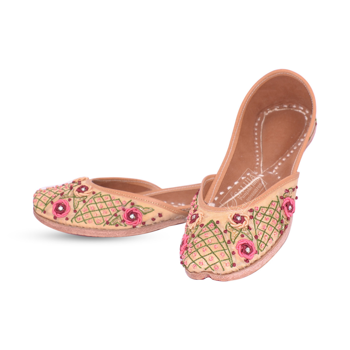 Punjabi Jutti Golden Color With Multi Color Handwork Heel Size: Flat